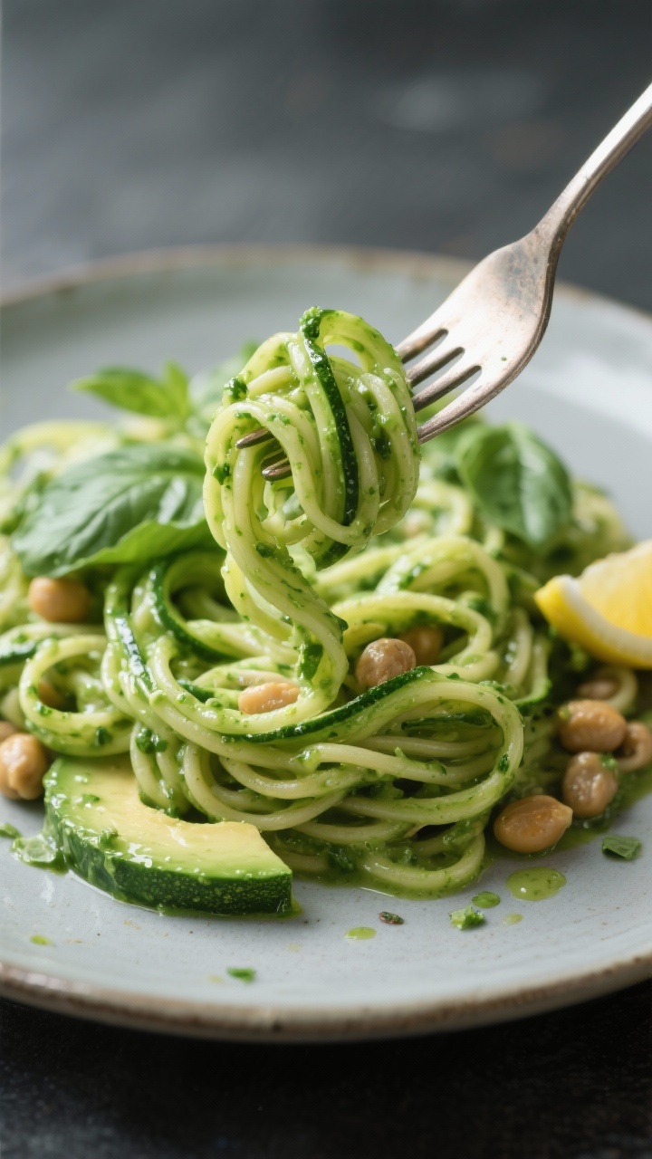 Close-up twirl of green goddess avocado pasta and zoodles: spiralized zucchini mingled with whole-grain/chickpea pasta, coated in a silky avocado-basil-spinach sauce; tiny specks of fresh basil and lemon brightness visible; creamy texture highlighted with a light olive oil gloss; a fork lifting a glossy ribbon of zoodles, shallow depth of field, emerald-green tones popping on a matte ceramic plate.