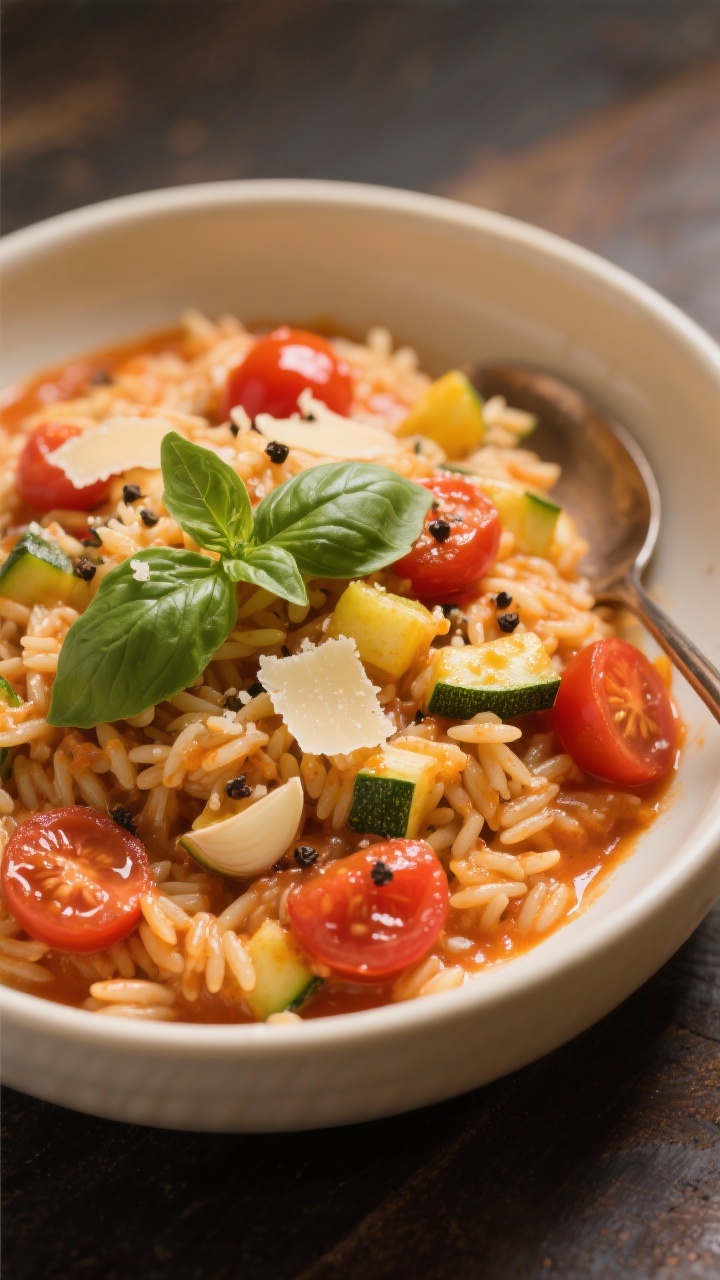 Cozy overhead bowl of creamy tomato basil orzo with hidden veg: saucy orzo simmered in low-sodium broth with olive oil, diced yellow onion and minced garlic, grated zucchini melted into the sauce, and halved cherry tomatoes softened throughout. Finished silky and glossy, garnished with torn fresh basil and a light sprinkle of parmesan, black pepper cracked on top. Served in a wide shallow cream ceramic bowl with a spoon, warm ambient light for a comforting, not heavy feel.