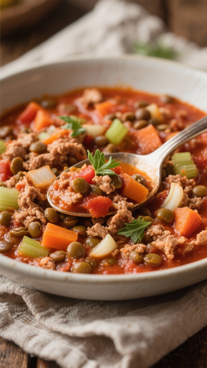 Cozy straight-on bowl of One-Pot Turkey Bolognese with Lentils: rich, tomatoey sauce with lean ground turkey, finely diced onion, carrot, celery, garlic, and tender brown/green lentils; thick, hearty texture clinging to a spoon resting in the bowl; garnished with a few fresh herb leaves; warm, rustic lighting with a linen napkin.