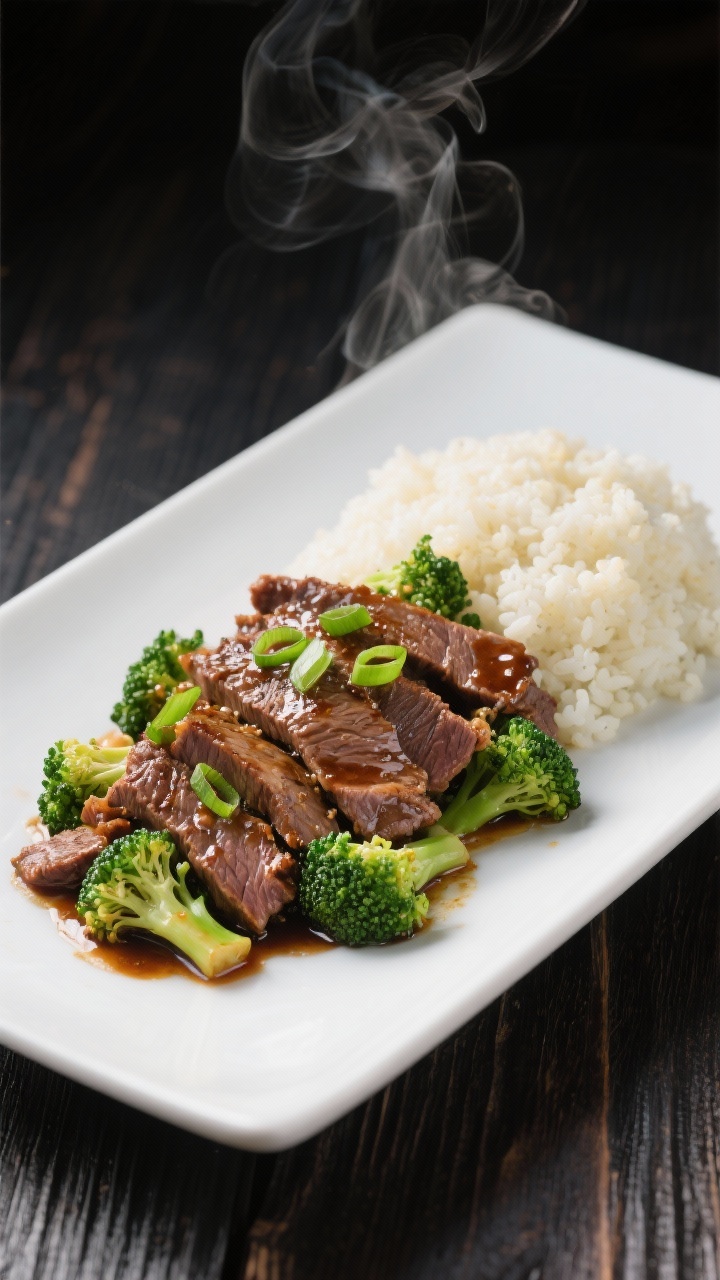 Dynamic 45-degree plating of Korean-Style Beef and Broccoli with Cauli Rice: thinly sliced flank/sirloin beef lightly coated with cornstarch, seared to caramelized edges, tossed with bright broccoli florets and sliced green onions; served alongside fluffy cauliflower rice; glossy savory glaze, steam visible; minimalist modern plate on a dark wood surface.