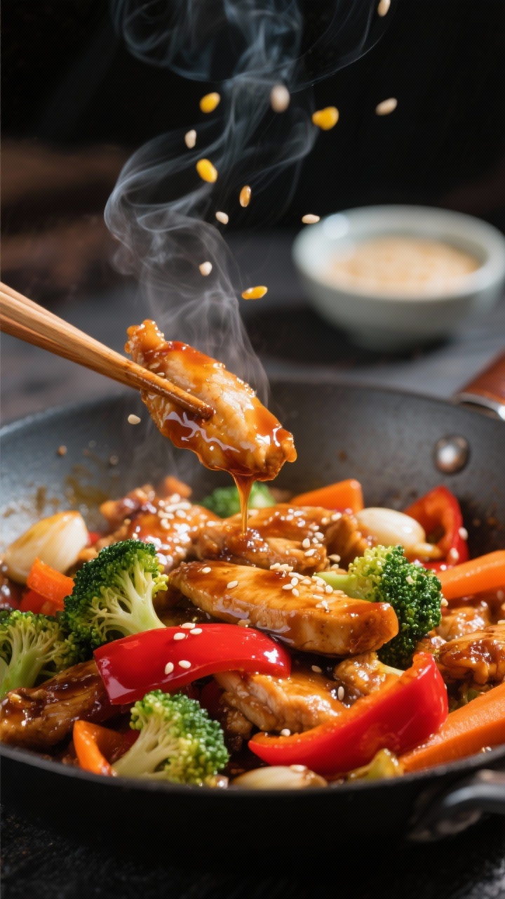 Dynamic close-up wok stir-fry in motion: honey-soy garlic chicken strips lacquered with glossy sauce, tossed with bright red bell pepper slices, vibrant broccoli florets, and slivers of carrot. A hint of steam rising, sesame seeds optional, sauce clinging to the vegetables. Chopsticks or a spatula lifting a bite, cornstarch slurry in a tiny bowl blurred in the background. High-contrast, backlit to make the glaze sparkle, 45-degree angle.