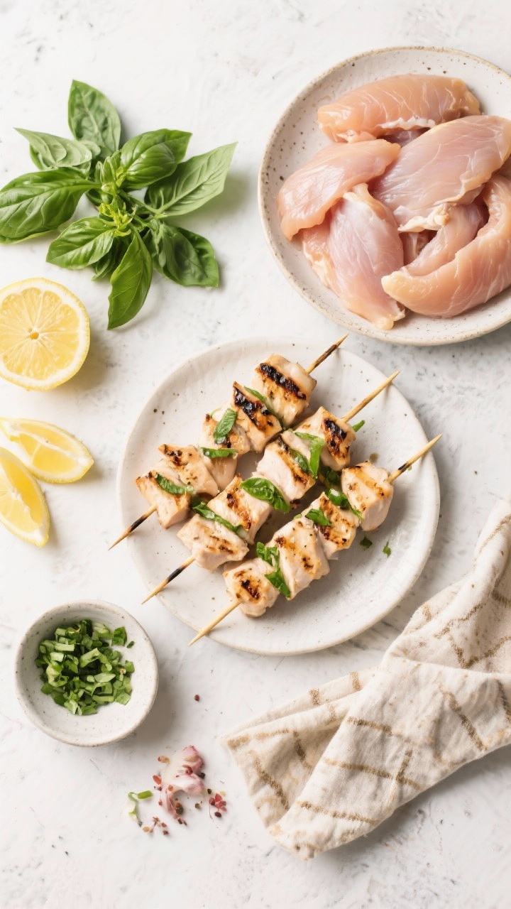 Ingredient-prep flat lay for grilled lemon basil chicken skewers: raw