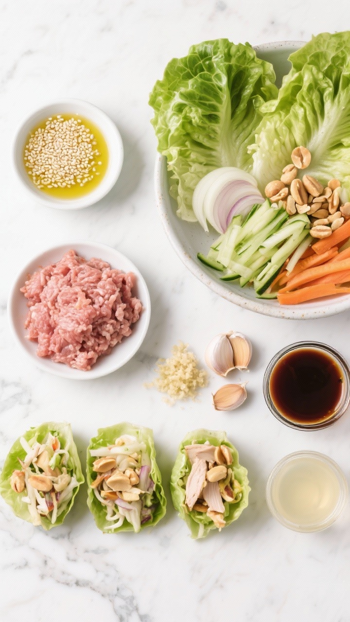 Ingredient-prep flat lay for spiced turkey lettuce wraps with crunchy peanut slaw: neat sections showing raw ground turkey, a small dish of sesame oil, finely diced onion, minced garlic, grated fresh ginger, hoisin sauce, low-sodium soy sauce, and rice vinegar. To one side, crisp butter lettuce leaves, julienned veggies and chopped peanuts for slaw in a bowl. Bright, crisp overhead shot on a white quartz surface, vibrant and fresh.