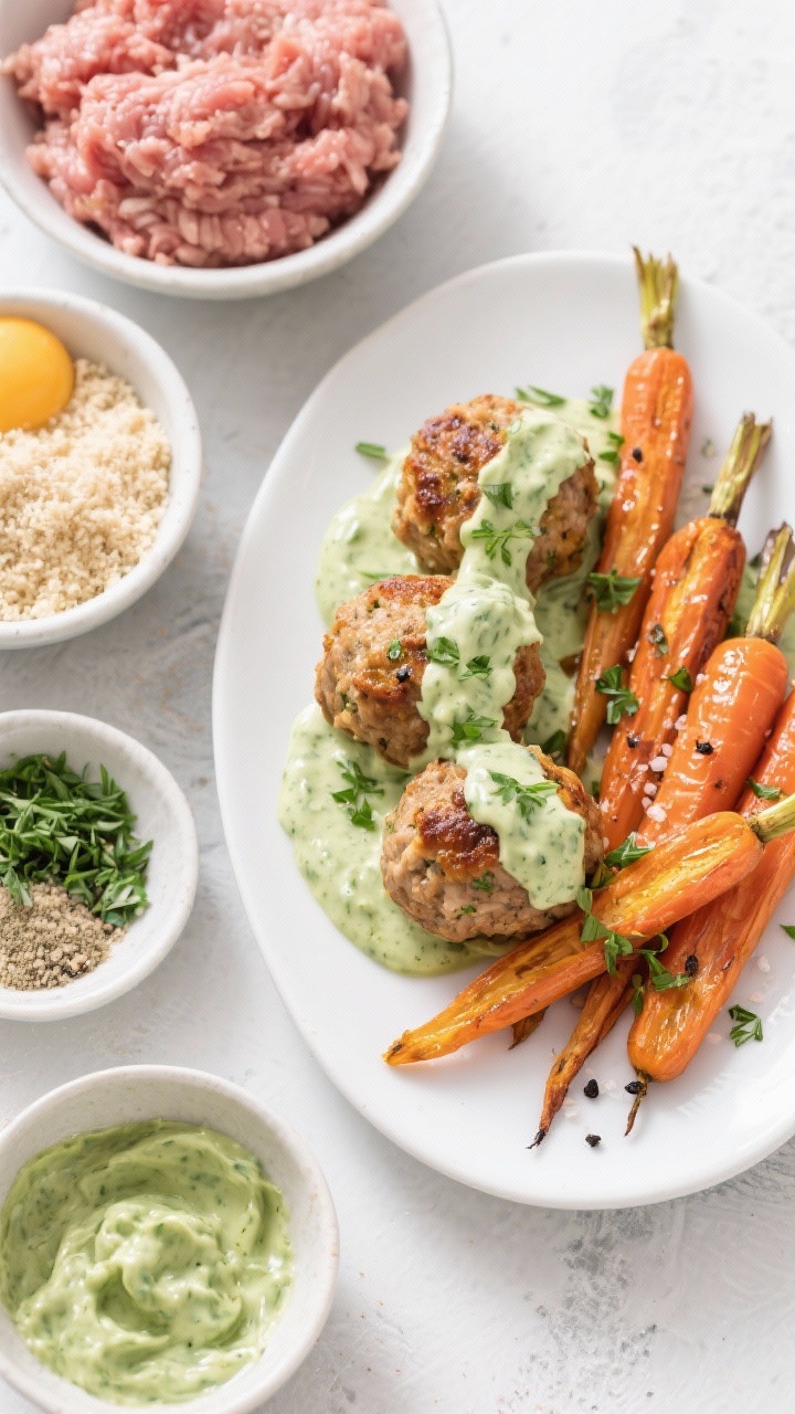 Ingredient-to-finish diptych description for Spring Turkey Meatballs with Green Goddess Yogurt and Roasted Carrots: left frame overhead of raw setup—ground turkey (93% lean), panko, egg, finely chopped herbs, spices in bowls; right frame 45-degree plated scene—golden baked turkey meatballs with herby green goddess yogurt, alongside caramelized roasted small carrots glistening with olive oil, kosher salt, and black pepper; garnished with fresh herbs; clean, vibrant spring mood.