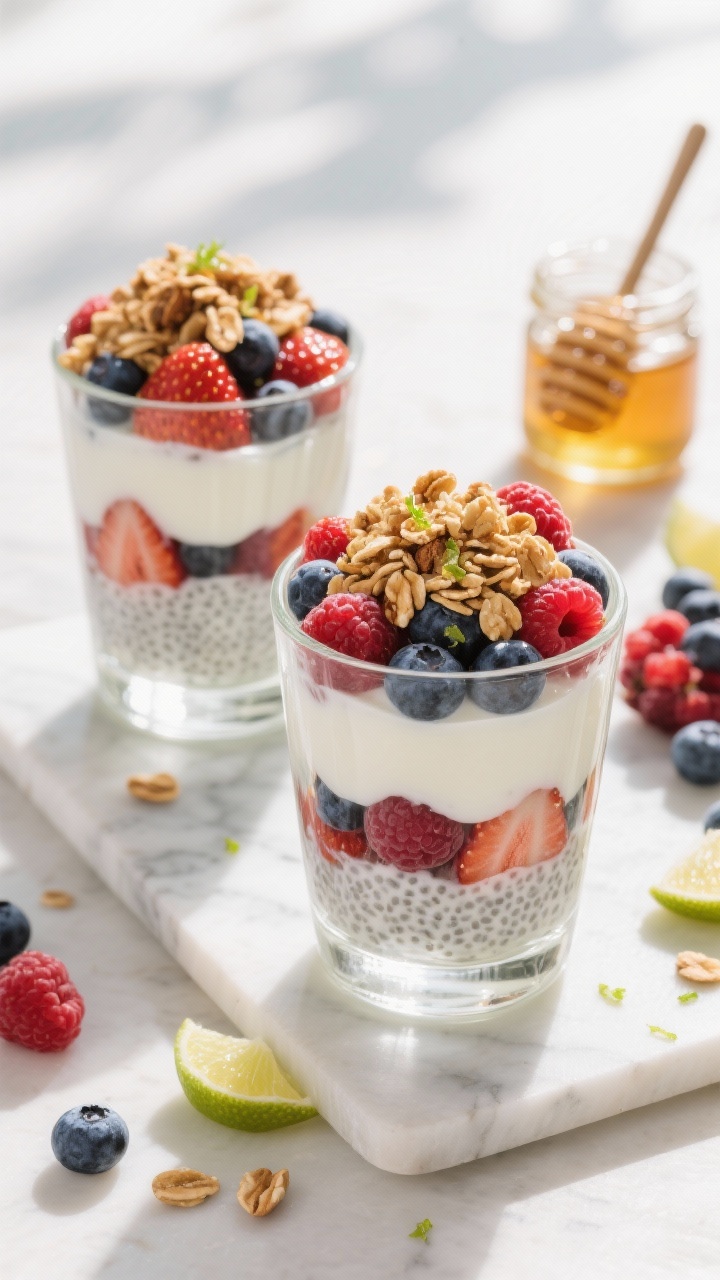 Layered parfait, 45-degree angle: clear glasses showing chia pudding set with almond milk, honey/maple, vanilla, and lime zest; layers of mixed berries (strawberries, blueberries, raspberries) glistening; crown of crunchy granola on top with a drizzle of honey and a whisper of lime zest; bright morning light, cool marble surface, extra berries and a small jar of honey with dipper in the background.
