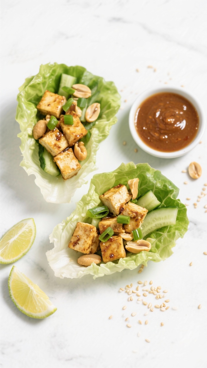 Overhead assembly scene for miso-ginger tofu lettuce wraps: butter lettuce cups filled with crumbled golden sautéed tofu, sliced green onions, julienned cucumber, and roasted peanuts; a small bowl of glossy miso-ginger glaze on the side; scattered sesame seeds and lime wedges; clean white surface, no hands, vibrant and fresh.