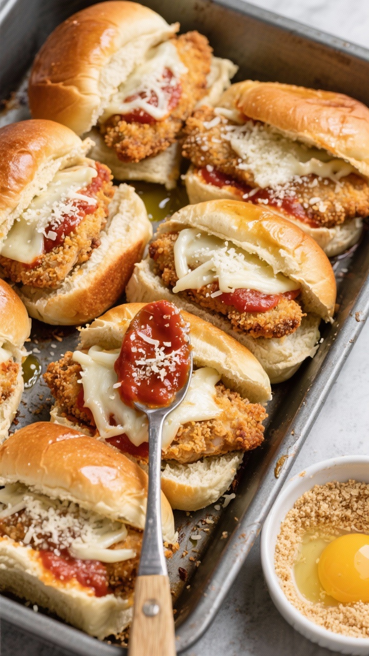 Overhead assembly shot for baked chicken parm sliders: a baking dish of mini slider buns split open, lined with crisp breadcrumb-and-Parmesan breaded chicken cutlets; spooned marinara, melted mozzarella strands, and a sprinkle of remaining grated Parmesan; olive oil brush marks glistening on bun tops; a small bowl of Italian-seasoned breadcrumbs and beaten eggs placed at the corner to hint at the breading process.