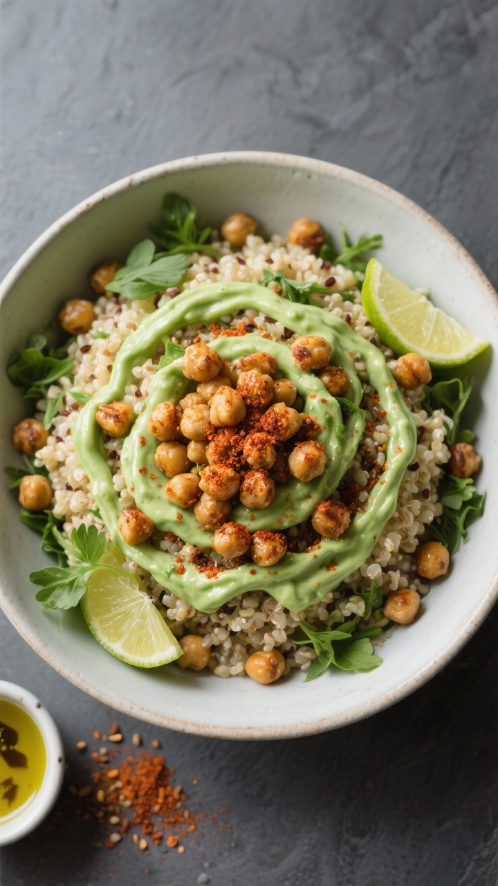 Overhead bowl composition of green goddess quinoa bowls: fluffy quinoa base, a mound of oven-crisp chickpeas dusted with smoked paprika, cumin, and kosher salt, ribbons of creamy green goddess sauce swirled over; garnished with fresh herbs and lime, with a small side dish of spice blend and a drizzle of olive oil on a matte slate background.