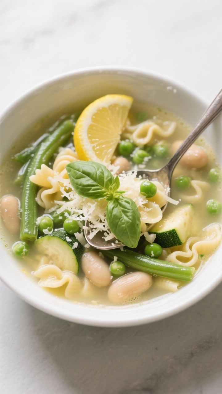 Overhead bowl of spring minestrone with lemon-Parmesan broth: a light, brothy soup with small pasta, tender green beans, peas, zucchini, and cannellini beans; translucent lemony broth shimmering with grated Parmesan melted in, topped with a lemon wedge and torn basil; served in a white ceramic bowl with a spoon.