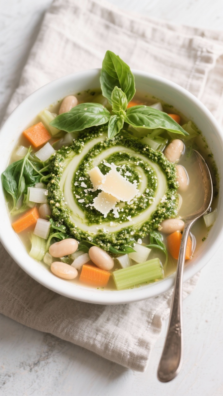 Overhead bowl of spring minestrone with pesto swirl: light vegetable broth with diced onion, carrots, celery, cannellini beans, tender spring greens and veg, ladled hot with a vivid green pesto swirl on top. Grated Parmesan dusting, torn basil leaves, spoon resting on linen.
