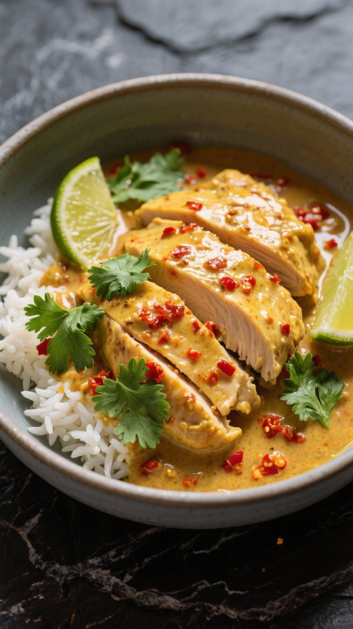 Overhead bowl shot of coconut-lime curry chicken: juicy slices of chicken breasts coated in a creamy coconut milk sauce tinted by red curry paste (or yellow curry powder), with coconut oil sheen; garnished with lime wedges, fresh cilantro, and a sprinkle of chili flakes; served over jasmine rice in a matte ceramic bowl on a dark stone surface, vibrant tropical colors.