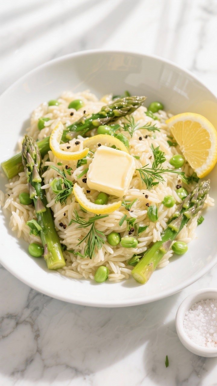 Overhead flat lay of lemon butter orzo tossed with tender asparagus tips, sweet peas, and a shower of fresh herbs (parsley, dill, chives) in a wide shallow white bowl; glossy butter-lemon sheen, lemon zest curls and cracked pepper on top, a pat of melting butter on the side, half a lemon and a small ramekin of flaky salt nearby; bright spring colors, soft natural window light, marble surface, no people.