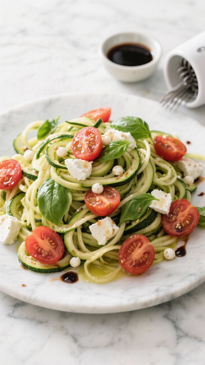 Overhead flat lay of zucchini noodle caprese: spiraled zucchini piled high, cherry tomatoes halved, fresh mozzarella pearls, torn basil leaves, glistening with extra-virgin olive oil and a balsamic drizzle. Styled on a marble surface with a small bowl of balsamic reduction and a spiralizer peeking in.