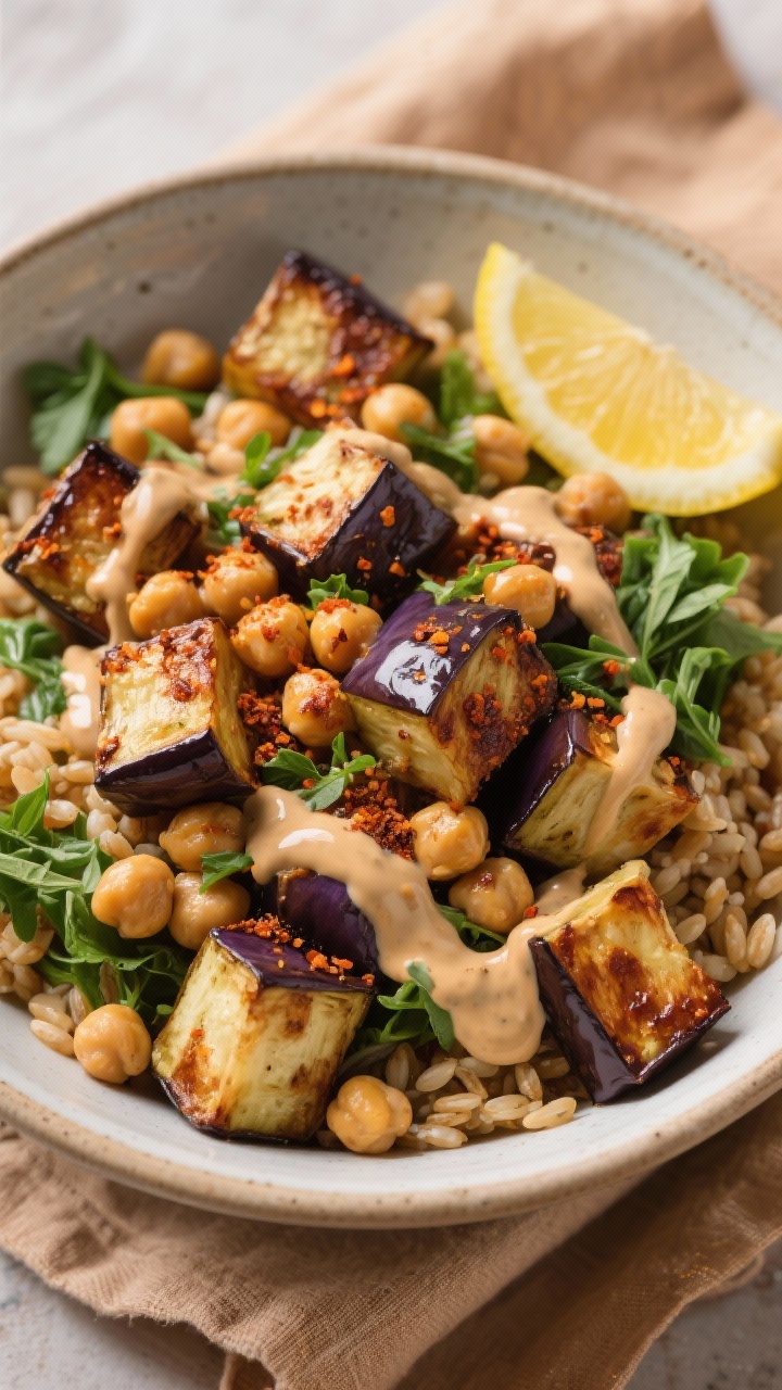 Overhead grain-bowl composition: roasted eggplant cubes and crispy chickpeas dusted with cumin and smoked paprika over a base of warm grains or greens, drizzled generously with a silky tahini-lemon sauce; garnished with fresh herbs and lemon wedges; matte ceramic bowl on a linen with warm, earthy tones highlighting caramelized edges.
