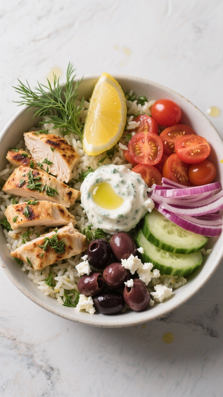 Overhead gyro bowl composition: Greek chicken gyro bowls with sliced oregano-lemon chicken, herby rice, cool tzatziki dollop, burst cherry tomatoes, cucumber, red onion, Kalamata olives, and crumbled feta; lemon wedge and dill sprigs; drizzle of olive oil; neat, colorful sections in a wide bowl.