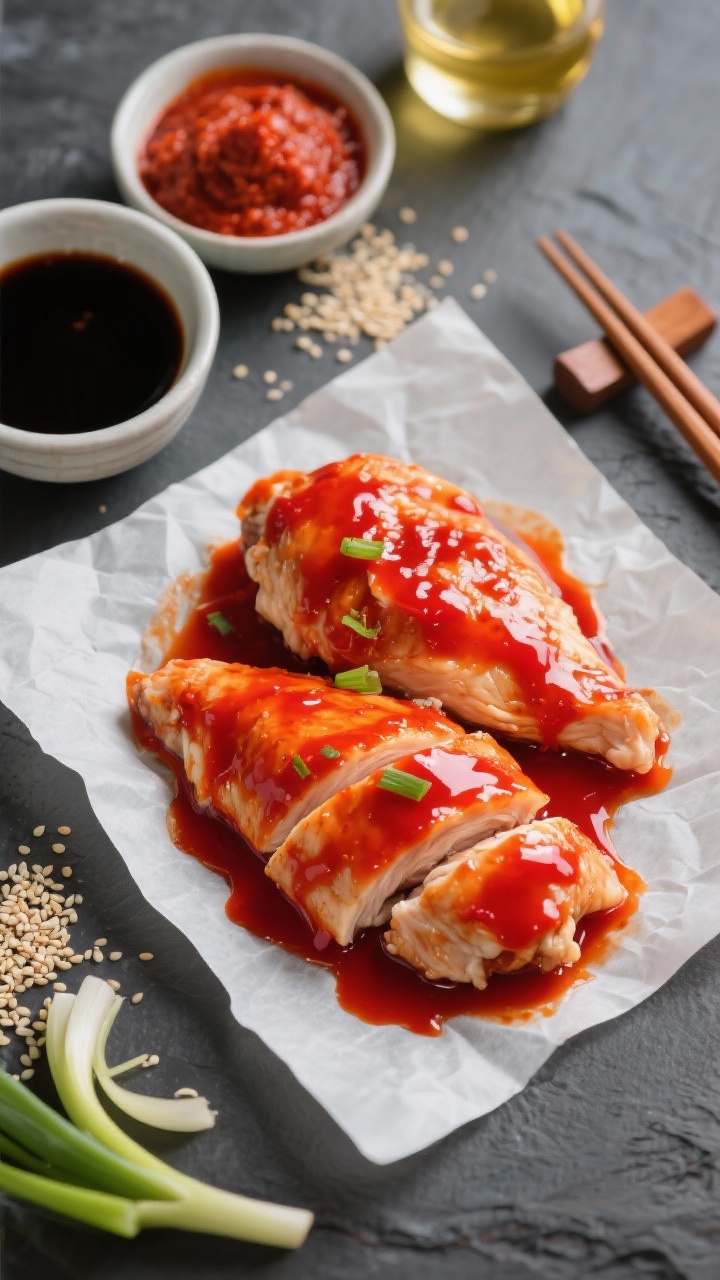 Overhead ingredient-and-marination scene for spicy Korean gochujang glaze: raw boneless chicken breasts brushed with a vivid red gochujang, soy sauce, and honey mixture on parchment; bowls of gochujang paste, soy sauce, and neutral oil nearby, sesame seeds and sliced scallions ready for garnish; bold red-orange tones, modern slate surface, chopsticks off to the side.