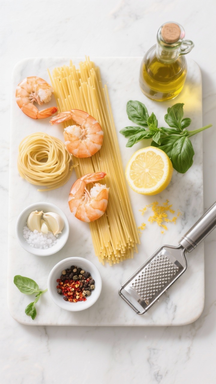 Overhead ingredient-prep flat lay for lemon herb shrimp linguine: uncooked linguine nests, large peeled and deveined shrimp patted dry, small bowls of minced garlic, kosher salt, black pepper, red pepper flakes, bright lemon halves and zest, fresh parsley and basil, and a bottle of olive oil; arranged neatly on a white marble board with a microplane and chef’s knife, high-key lighting to convey bright, breezy freshness.
