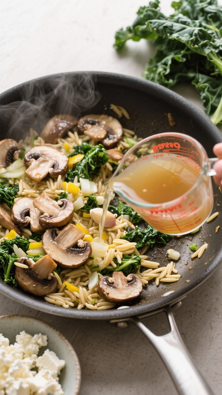 Overhead ingredient-to-pan transition shot for mushroom and kale orzo: a wide skillet filled with glossy sliced cremini mushrooms and finely chopped yellow onion sautéing, minced garlic visible, dry orzo stirred in, with a measuring cup of low-sodium vegetable broth being poured from the side. Tuscan kale ribbons and a bowl of crumbled feta off to the side ready to add. Neutral backdrop, steam and sheen emphasize savory depth.
