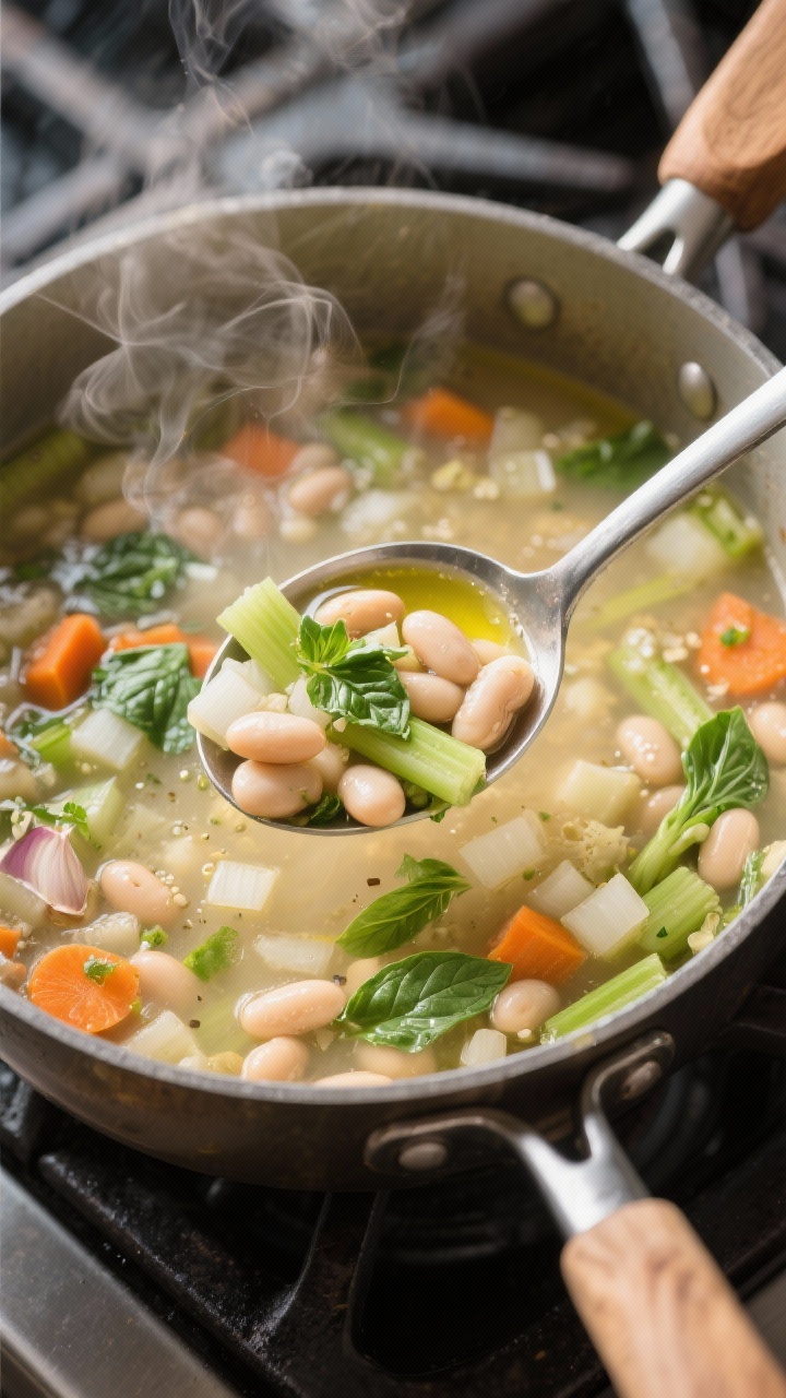 Overhead ladled pot shot of spring minestrone: a light broth with diced onion, carrots, and celery, softened garlic, tender cannellini beans, green spring vegetables, and torn basil leaves floating; a stainless ladle lifting a vibrant scoop; steam visible, olive oil droplets dotting the surface; set on a stovetop with a wooden spoon.