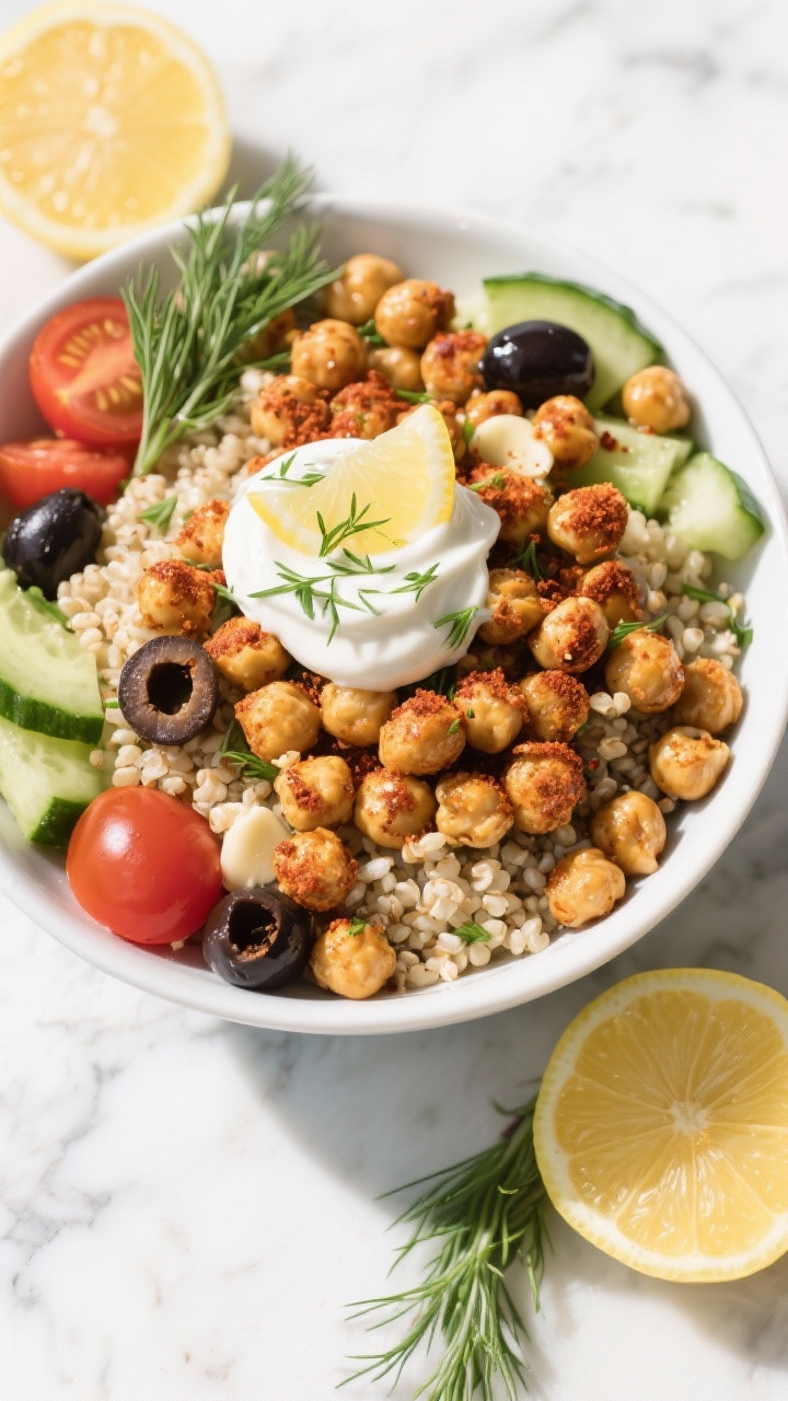 Overhead Mediterranean Chickpea Power Bowl: crispy roasted chickpeas seasoned with smoked paprika, garlic powder, cumin, and kosher salt atop fluffy quinoa, surrounded by Mediterranean add-ins (cucumber, cherry tomatoes, kalamata olives), finished with a generous swirl of lemon-dill yogurt. Bright, sunlit styling on a white marble surface with lemon halves and fresh dill sprigs.