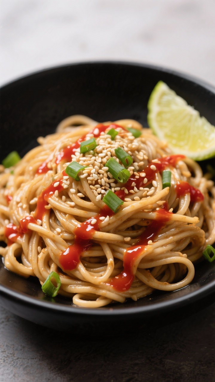 Overhead noodle bowl: glossy spaghetti coated in a peanut butter–soy–sesame sauce, streaks of sriracha, sprinkled with toasted sesame seeds and chopped scallions, lime wedge on the side, drizzle of chili-garlic sauce pooling slightly, noodles piled high with visible creamy texture and sheen, on a matte black bowl for contrast.