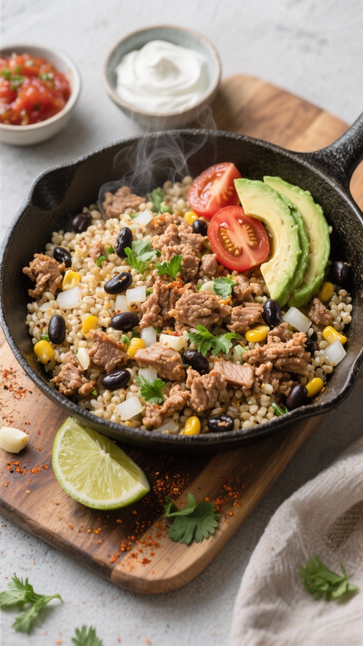 Overhead one-pan action shot of turkey taco quinoa: crumbled browned lean ground turkey with diced onion and minced garlic folded into fluffy quinoa simmered in low-sodium broth, studded with black beans and corn, speckled with taco seasoning. Tomatoes and avocado slices added as a fresh finish, cilantro scattered, lime wedges on the side. Steam visible, served in a wide stainless skillet on a wooden board; small bowls of salsa and Greek yogurt nearby for meal-prep vibes.