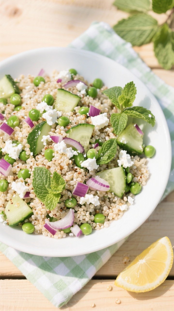 Overhead picnic-ready quinoa salad in a wide white bowl: fluffy quinoa tossed with fresh peas, diced cucumber, finely diced red onion, crumbled feta, and torn mint leaves; a light vinaigrette sheen visible; scattered mint sprigs and lemon wedge off to the side; bright, airy spring palette of greens and whites with pops of purple and feta; styled on a light wood table with a gingham napkin for an outdoor picnic vibe.