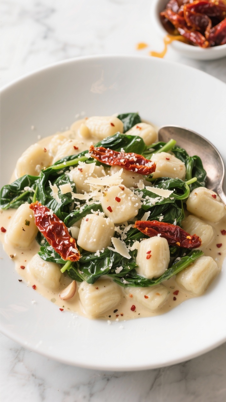 Overhead plated presentation of creamy Tuscan gnocchi: pillowy shelf-stable gnocchi coated in a silky cream-butter sauce with minced garlic, Italian seasoning, and a pinch of crushed red pepper flakes. Wilted spinach ribbons and jewel-toned sun-dried tomato strips tangled throughout, grated Parmesan dusting on top. Served in a wide shallow white bowl on a light marble surface, with a small dish of extra sun-dried tomatoes and a spoon trailing sauce.
