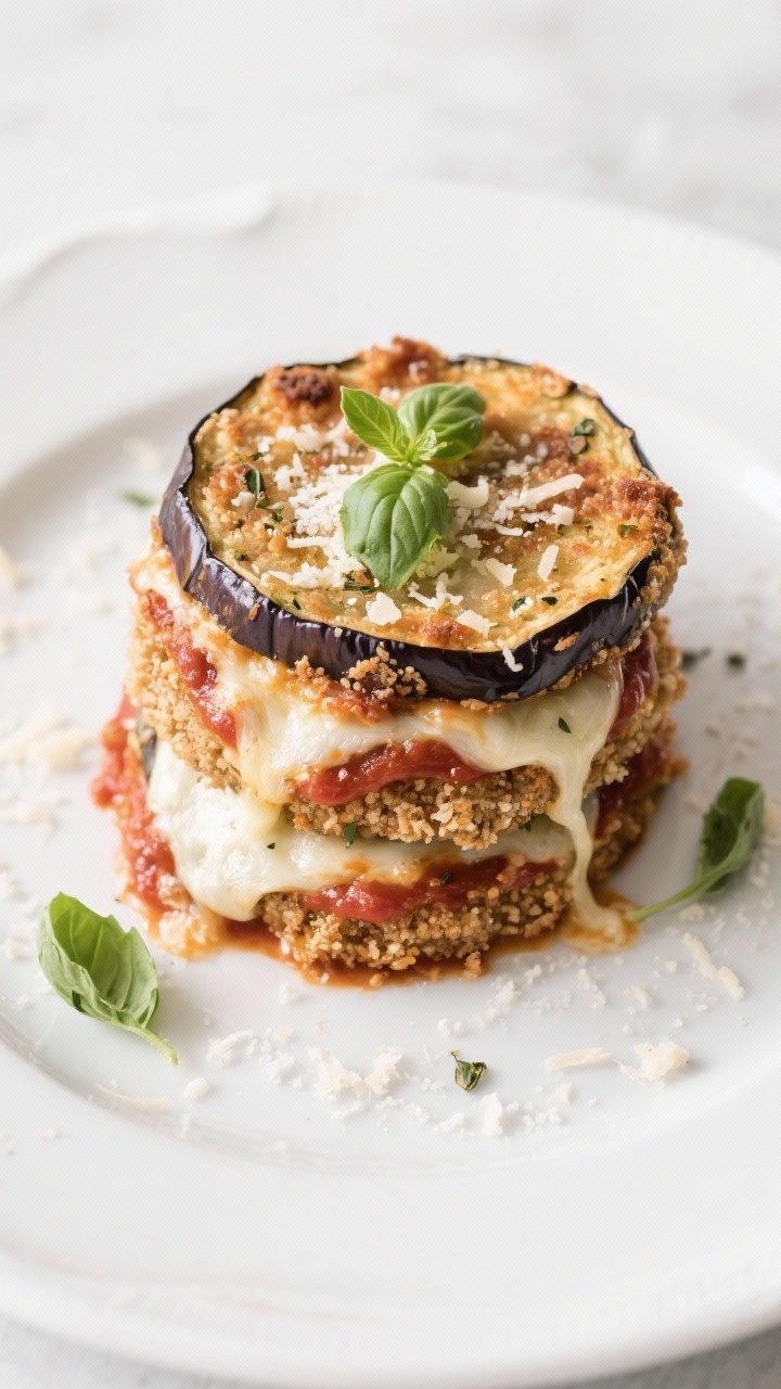 Overhead plated stack of baked eggplant Parmesan: 1/2-inch eggplant rounds breaded in whole-wheat panko, grated Parmesan, Italian seasoning, and garlic powder, baked to crisp; layered with marinara and gooey melted mozzarella, extra Parmesan sprinkled; garnished with torn basil, crumbs scattered on a white plate, clean bright lighting for crunch and cheese pull.
