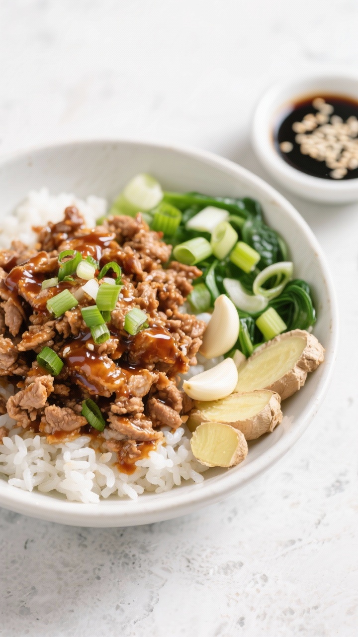 Overhead rice bowl composition: sticky-sweet teriyaki ground turkey piled over steamed white rice, glossy sauce clinging to the crumbles; sliced green onions with whites mixed in and greens sprinkled on top, minced garlic and grated fresh ginger visible; a small dish of low-sodium soy sauce and sesame seeds on the side. Clean, modern styling on a light stone surface, bright lunchtime vibe.