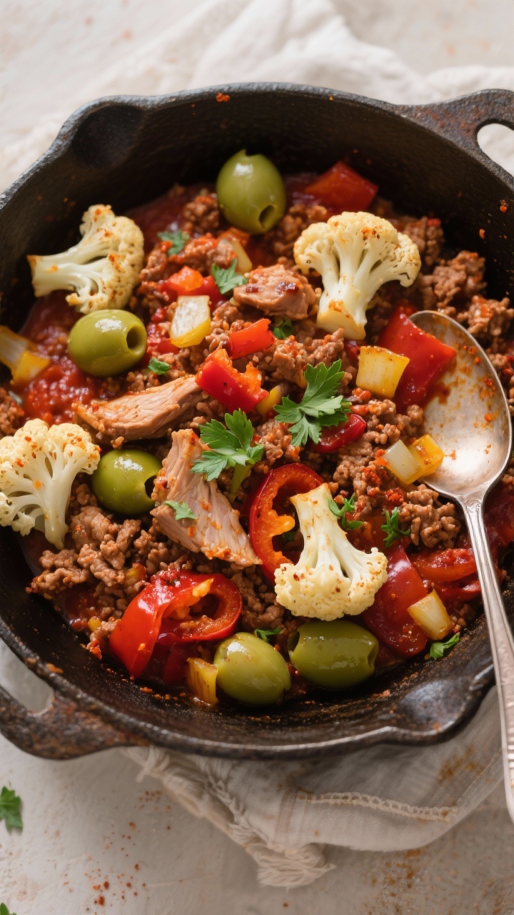 Overhead rustic skillet of harissa turkey with cauliflower, peppers, and olives: crumbled, browned ground turkey seasoned with harissa and tomato paste, mingled with small roasted cauliflower florets, sliced red bell pepper, diced yellow onion, and whole green olives. Garnished with fresh parsley, a spoon resting in the pan, warm paprika-red tones contrasting with creamy cauliflower and bright green olives. Cozy North African-inspired mood.