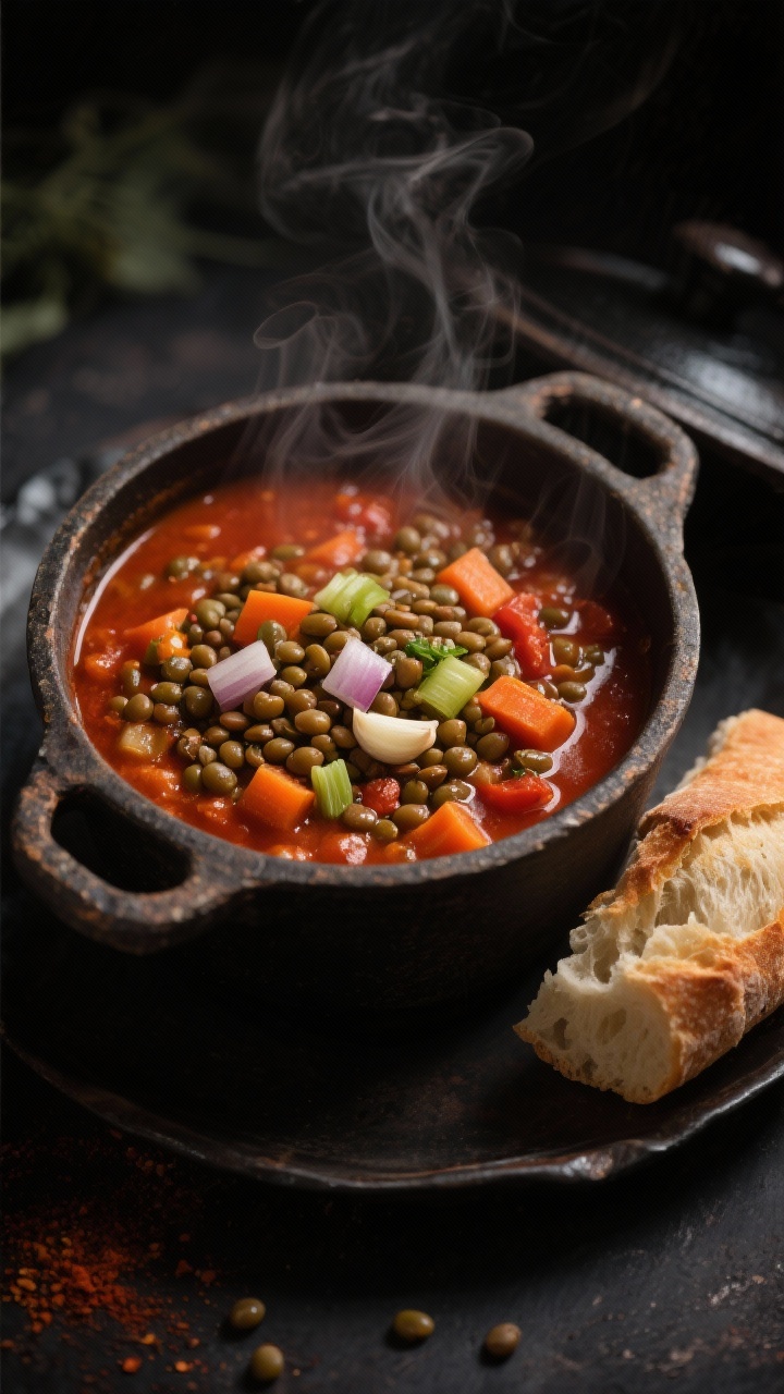 Overhead rustic stew pot: smoky paprika lentil and vegetable stew with visible diced onion, carrot, celery, minced garlic, tomato paste richness, and ground spices; hearty brown-green lentils in a brick-red broth; steam rising, crusty bread on the side; dark moody styling to emphasize warmth and depth.