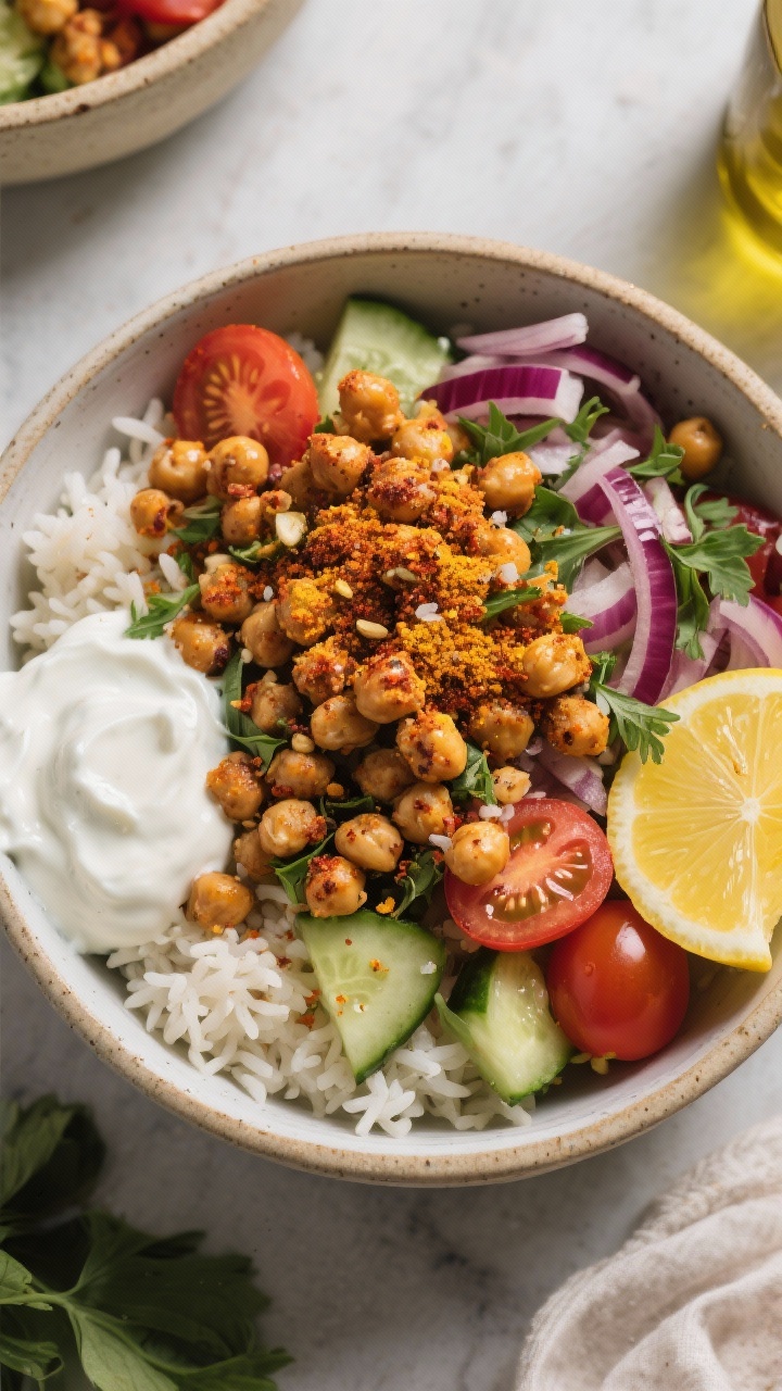 Overhead shawarma bowl assembly: crispy roasted chickpeas dusted with cumin, smoked paprika, coriander, turmeric, garlic powder, and kosher salt piled over fluffy rice with cucumber, cherry tomatoes, red onion, and herbs; a swoosh of 10-minute yogurt sauce in the bowl, olive oil glisten, lemon wedge at the side, vibrant and textural.