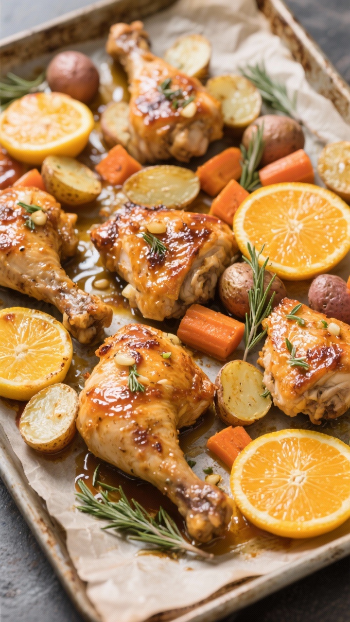 Overhead sheet-pan citrus chicken dinner: bone-in chicken pieces glazed with orange-lemon-garlic mixture, caramelized edges, nestled among halved baby potatoes and chunked carrots; citrus slices roasted alongside, thyme sprigs scattered; glossy pan juices pooling; rustic baking sheet on parchment, minimal props.