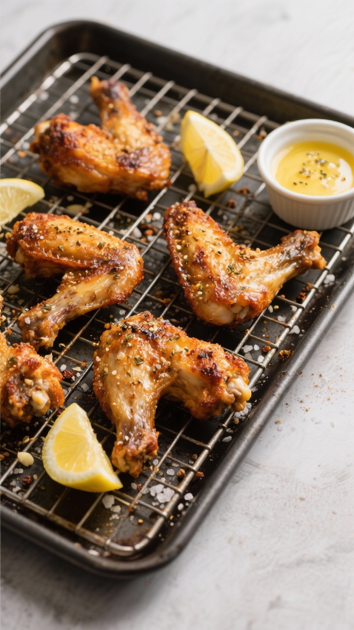 Overhead sheet-pan crisp: baked lemon pepper wings (flats and drumettes) with deeply rendered, blistered skin; dusting of baking powder crispness evident, speckled with garlic powder, onion powder, kosher salt, and coarse lemon-pepper seasoning; lemon wedges and a small ramekin of lemon-pepper butter glaze on the side; placed on a wire rack over a dark tray for contrast, hard side light to emphasize crunchy texture.
