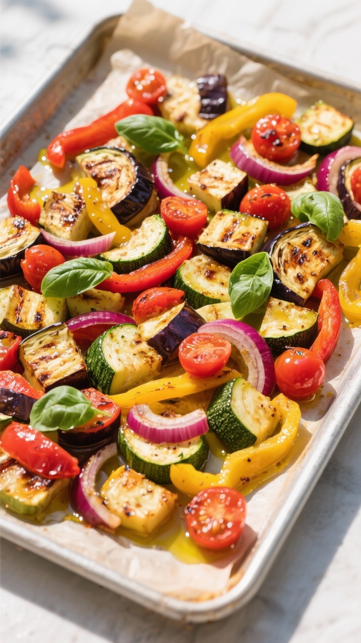 Overhead sheet-pan ratatouille: colorful mosaic of roasted eggplant cubes, zucchini half-moons, red and yellow bell pepper strips, red onion wedges, and cherry tomatoes, edges caramelized; fresh basil leaves scattered and a generous drizzle of olive oil; sunlit feel with bright, saturated colors on parchment-lined pan.