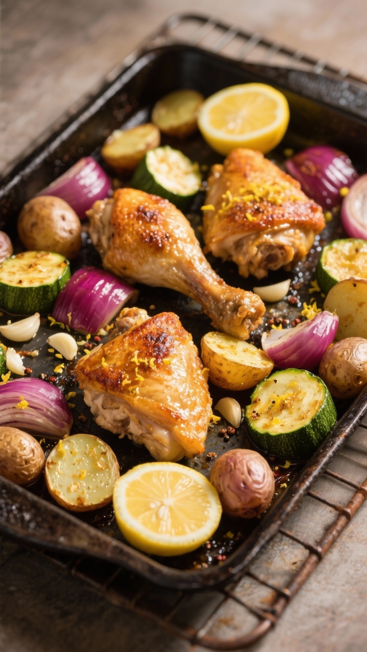 Overhead sheet-pan scene: golden, crispy bone-in skin-on chicken thighs nestled among halved baby potatoes, red onion wedges, and zucchini half-moons, all glossed with lemon zest and juice, visible minced garlic and cracked pepper, caramelized edges on a dark metal pan, lemon halves in frame, warm directional light, shallow shadows, rustic baking rack beneath.
