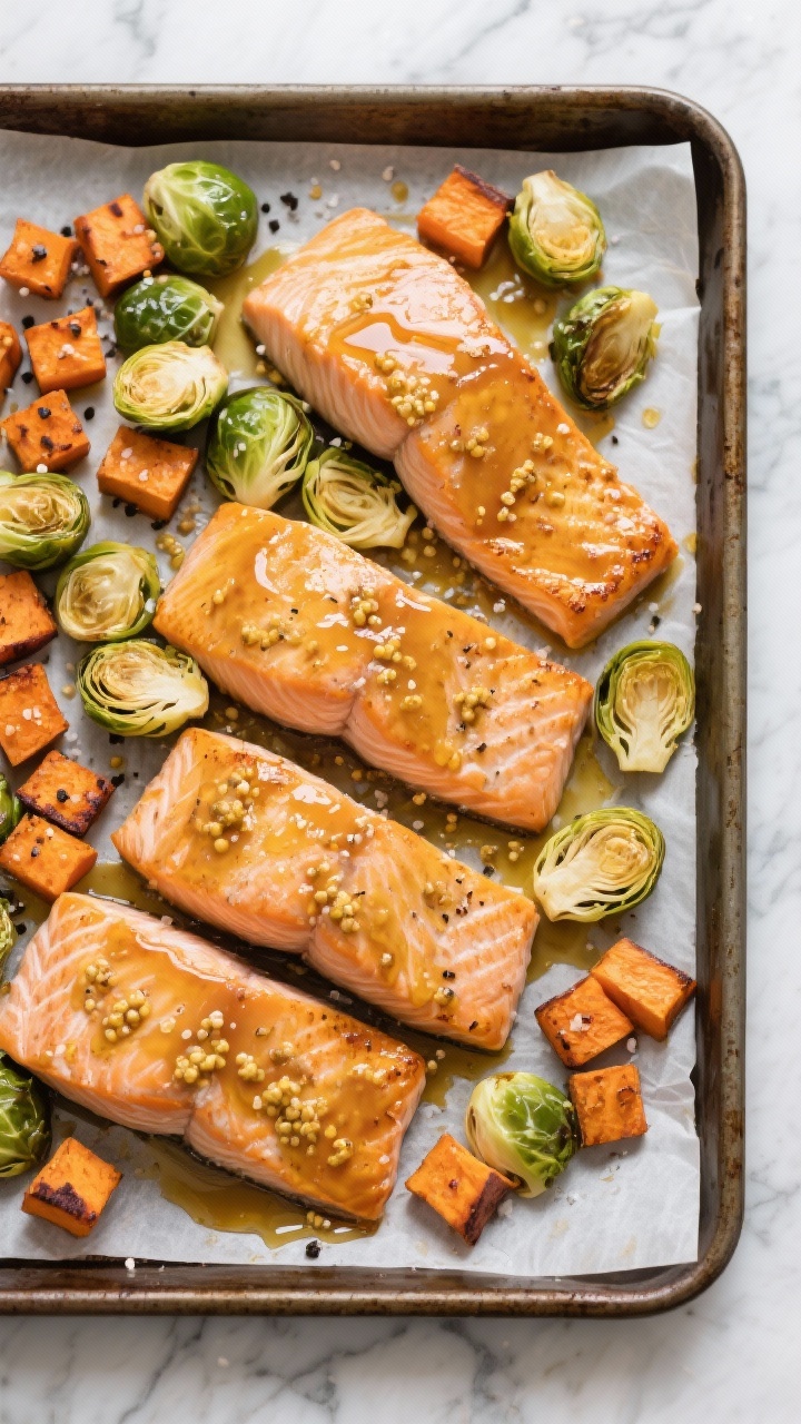 Overhead sheet-pan scene of honey-mustard salmon with crispy Brussels sprouts and sweet potatoes: four salmon fillets brushed with a Dijon-honey glaze, surrounded by halved Brussels sprouts and 1/2-inch sweet potato cubes roasted to caramelized edges, sprinkled with kosher salt and black pepper, olive oil sheen, golden-brown char, on a parchment-lined pan over a marble surface.