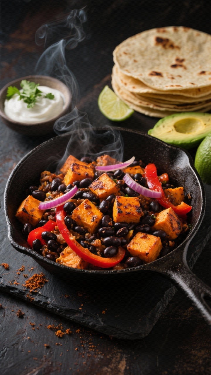 Overhead shot of a cast-iron skillet filled with smoky chipotle sweet potato and black bean taco filling: 1/2-inch golden-seared sweet potato cubes, glossy black beans, thinly sliced red onion, and red bell pepper ribbons tossed with ground cumin and a hint of smoky chipotle, charred edges visible. Warm corn tortillas stacked nearby, lime wedges, avocado slices, and a small bowl of sour cream and cilantro on a dark rustic surface. Steam rising, moody lighting, vibrant oranges, reds, and deep blacks.