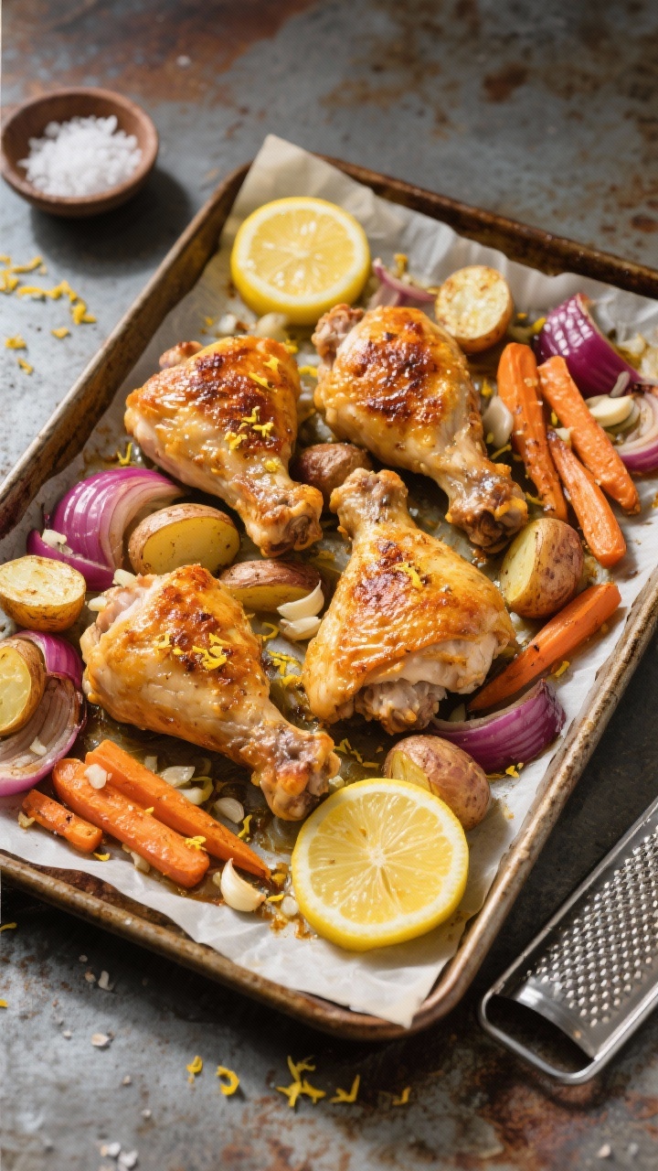Overhead shot of a crispy lemon-garlic sheet pan dinner straight from the oven: golden bone-in, skin-on chicken thighs with blistered skin, halved baby potatoes, chunky carrots, and red onion wedges caramelized at the edges. Visible minced garlic, lemon zest sprinkled over, and lemon halves roasted on the pan. Styled on a parchment-lined sheet pan over a rustic metal surface, with a small bowl of flaky salt and a microplane zester nearby. Warm, directional light to highlight crackly chicken skin and glossy roasted veggies.