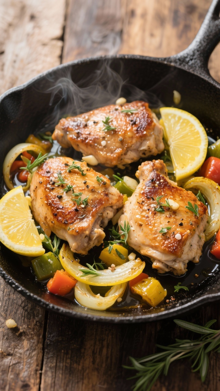 Overhead shot of a lemon-herb chicken and veggie skillet: browned boneless skinless chicken thighs seasoned with kosher salt, black pepper, garlic powder, and dried oregano nestled with sautéed yellow onion slices and mixed vegetables, glistening in olive oil, lemon slices and fresh herbs scattered, in a black cast-iron skillet on a rustic wooden table, steam visible, bright, cozy reset vibe.