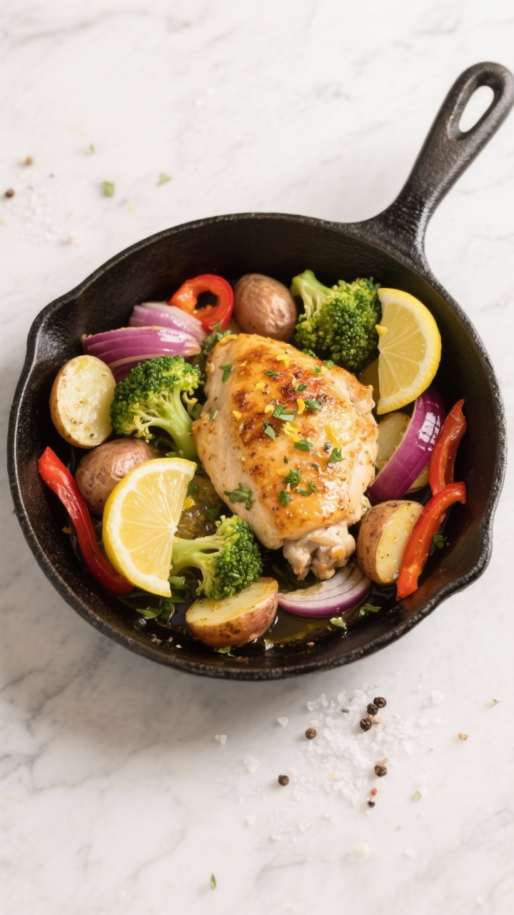Overhead shot of a lemon herb chicken and veggie skillet fresh off the stove: golden-seared boneless skinless chicken thighs nestled with halved baby potatoes, bright green broccoli florets, red bell pepper strips, and thick wedges of red onion. Light olive oil sheen, flecks of lemon zest and chopped herbs on the chicken, a few lemon slices tucked in the pan. Rustic black cast-iron skillet on a light marble surface, scattered coarse salt and cracked pepper, bright, clean, weeknight-friendly mood.