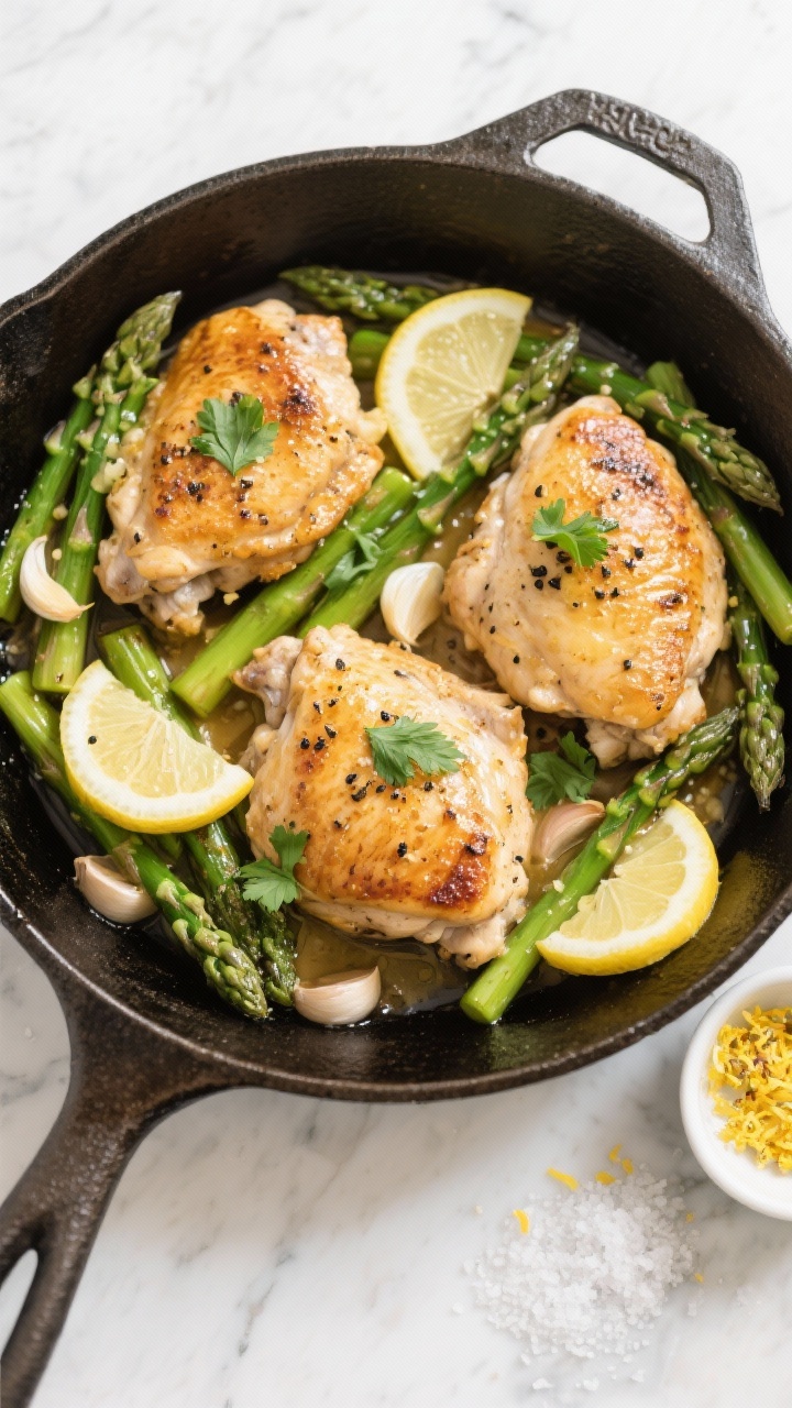 Overhead shot of a lemony chicken and asparagus skillet: golden seared chicken thighs nestled with bright-green asparagus spears, thin lemon rounds, minced garlic, and a glossy lemon-butter sauce with cracked black pepper; a few parsley leaves sprinkled on top; cast-iron skillet on a light marble surface with a small bowl of lemon zest and sea salt nearby; vibrant, fresh, weeknight-bright mood.