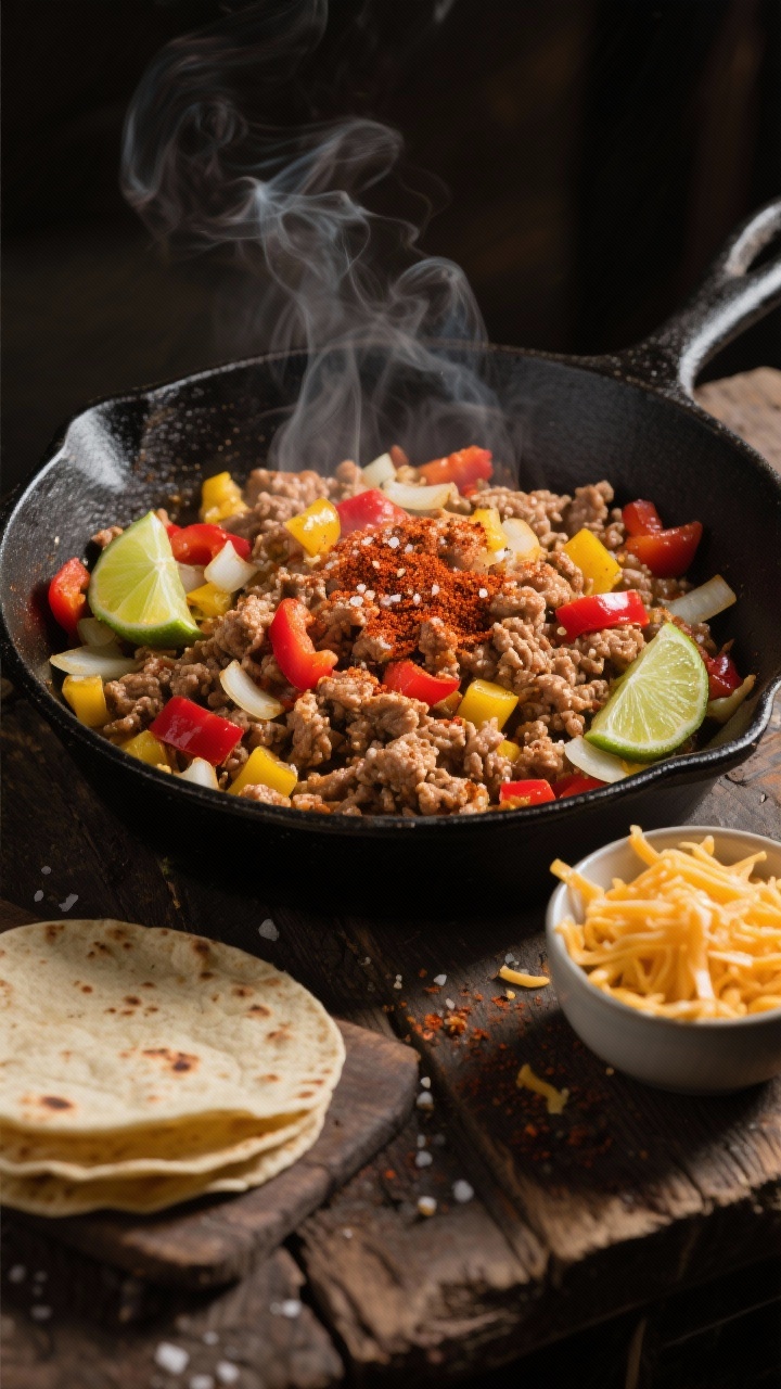 Overhead shot of a sizzling weeknight turkey taco skillet on a cast-iron pan: browned 93% lean ground turkey tossed with diced yellow onion, red bell pepper, and minced garlic, dusted with chili powder and ground cumin, flecks of salt visible; garnished with lime wedges and a small bowl of shredded cheddar and warmed tortillas at the edge. Steam rising, vibrant reds and golds against a matte black skillet on a rustic wooden surface, moody evening light.