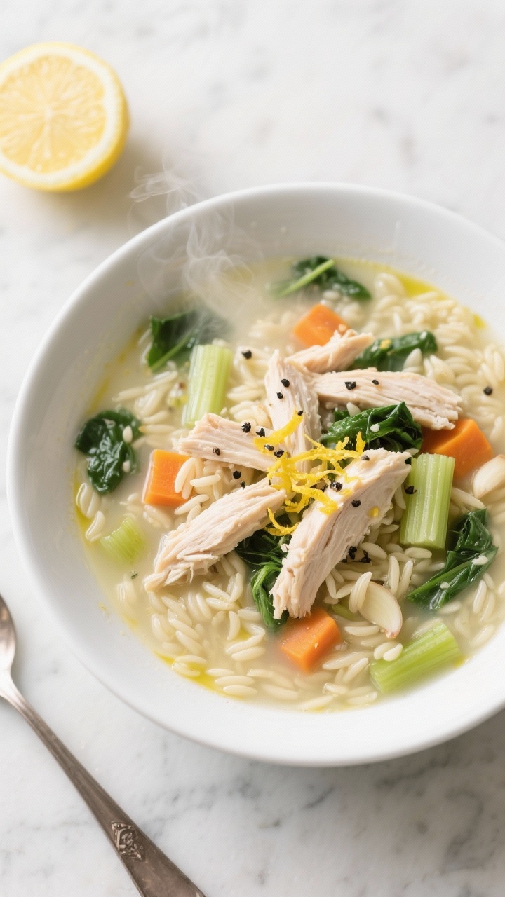 Overhead shot of a steaming bowl of creamy lemon chicken orzo soup in a wide white ceramic bowl, showing tender shredded chicken, tiny orzo, diced carrots, celery, minced garlic flecks, and wilted spring greens in a pale lemony chicken broth; lemon zest sprinkled on top, cracked black pepper, and a drizzle of extra-virgin olive oil, styled on a light marble surface with a spoon and a sliced lemon half.