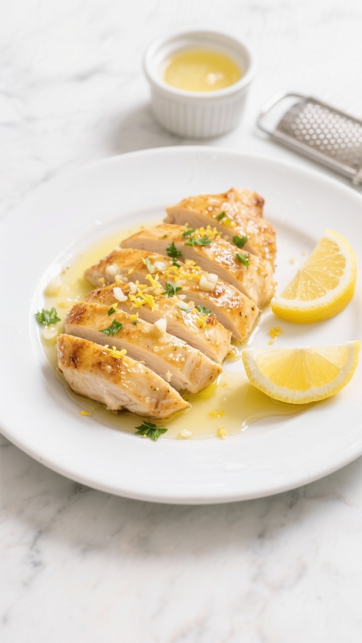 Overhead shot of air-fried lemon garlic chicken breasts sliced on a white ceramic plate, glistening with melted butter and olive oil, speckled with lemon zest and minced garlic, a small pool of fresh lemon juice spooned over, garnished with thin lemon wheels and chopped parsley; bright, zesty mood on a light marble surface with a small ramekin of lemon juice and a microplane zester nearby, crisp golden edges visible.