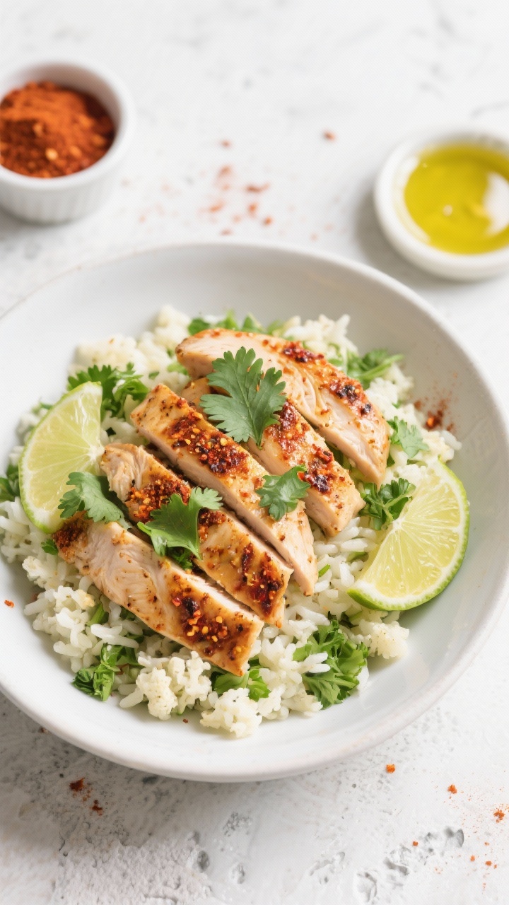 Overhead shot of Chili-Lime Chicken Bowls: thinly sliced chili-lime seasoned chicken breast strips seared with a slight char, served over fluffy cilantro cauliflower rice, garnished with fresh cilantro and lime wedges; visible spices include chili powder, cumin, smoked paprika, garlic powder, and a pinch of salt sprinkled on a matte white bowl, set on a light stone surface with a small ramekin of chili powder and a glistening drizzle of olive oil; bright, zesty mood, clean styling, no people.