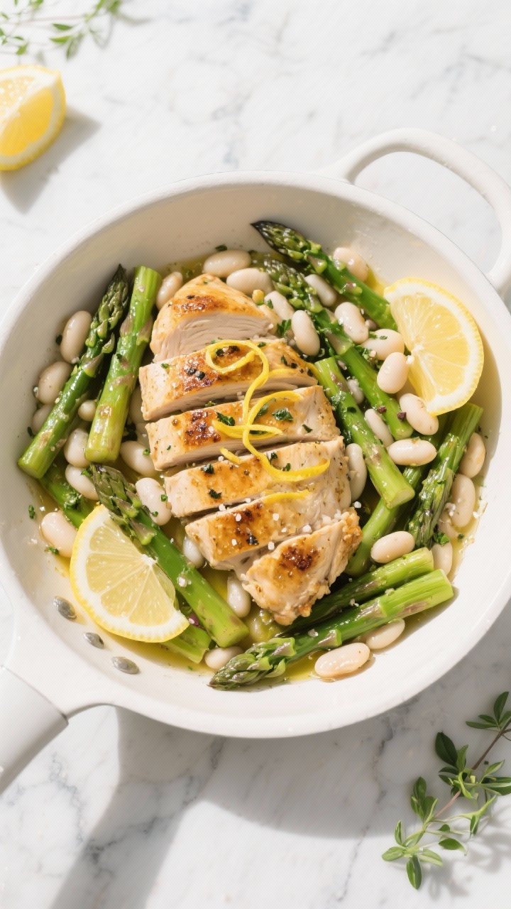 Overhead shot of Lemon Herb Chicken with Asparagus and White Beans: golden seared boneless skinless chicken thighs sliced and nestled with bright green 2-inch asparagus pieces and creamy cannellini beans, glistening with olive oil and sprinkled with kosher salt, black pepper, and lemon zest curls, served in a wide white skillet on a light marble surface with lemon wedges and fresh herbs; springy, sunlit, clean styling, high contrast and crisp textures.