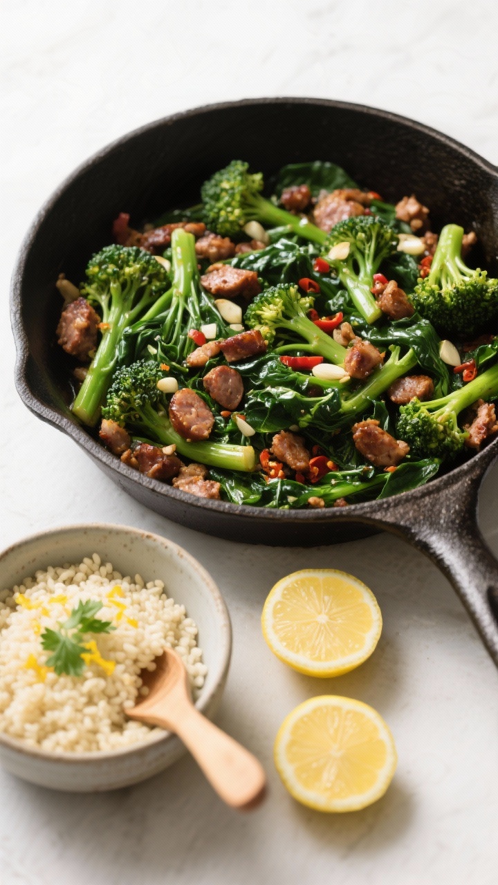 Overhead skillet scene: sautéed spring greens (broccolini, kale, or chard) mingled with browned sausage crumbles, hints of garlic and chili flake; served alongside a bowl of fluffy lemon couscous dotted with parsley and lemon zest; cast-iron skillet and separate ceramic bowl, lemon halves and a wooden spoon nearby, matte light to emphasize texture.