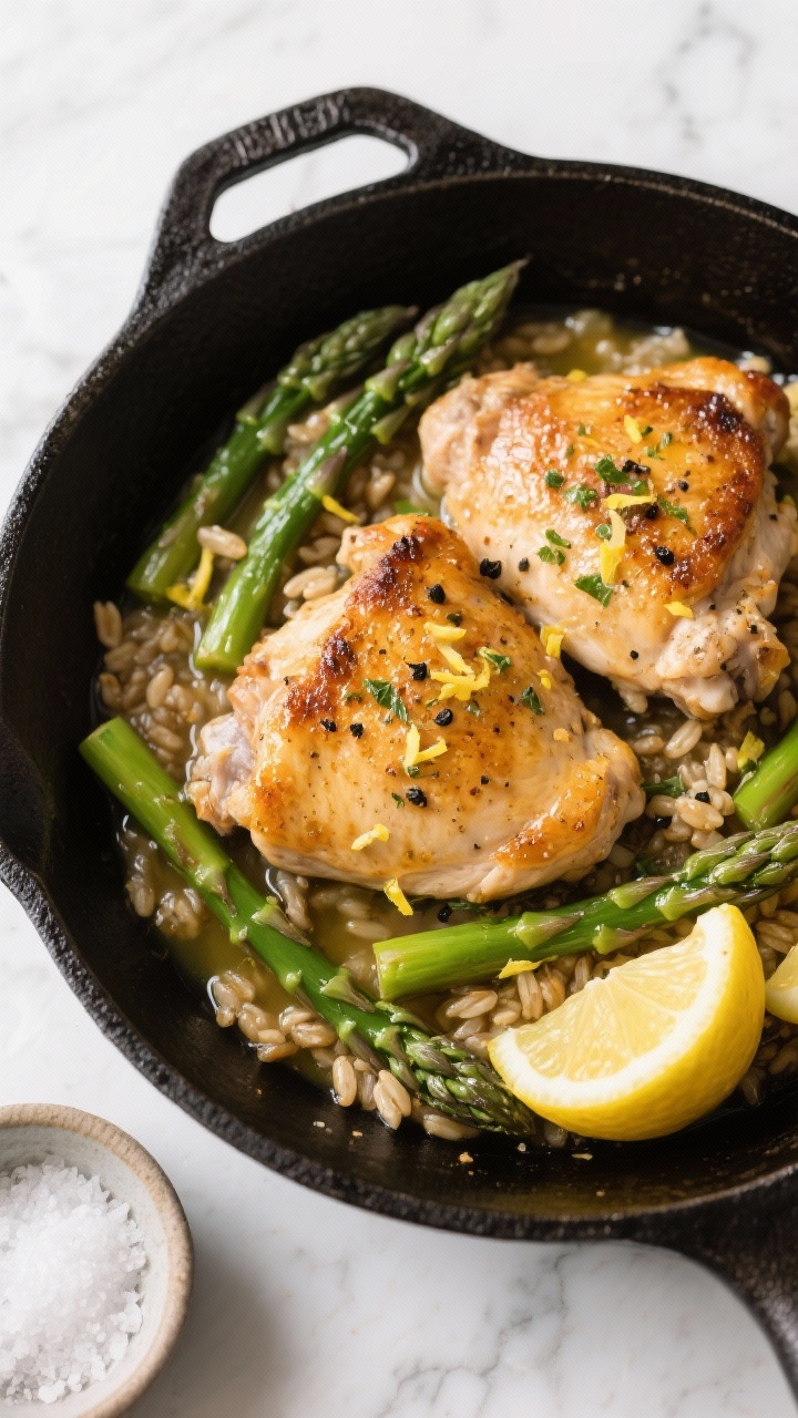Overhead skillet shot of lemon-herb chicken thighs seared golden atop farro simmered in low-sodium chicken broth, with bright green asparagus batons nestled throughout; visible lemon zest, cracked black pepper, garlic powder flecks, and a glossy olive oil sheen; styled in a black cast-iron skillet on a light marble surface with a small bowl of kosher salt and lemon wedges nearby.